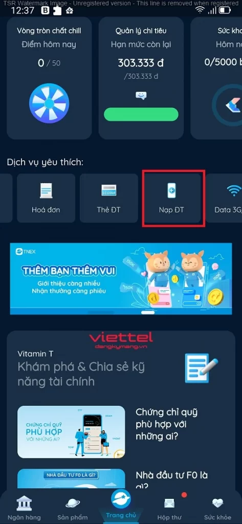 Cách nạp thẻ Viettel bằng TNEX bước 1