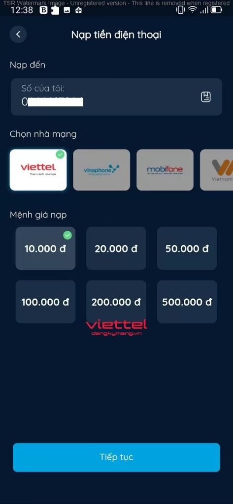 Cách nạp thẻ Viettel bằng TNEX bước 2