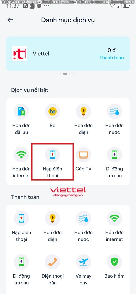Cách nạp thẻ Viettel qua Cake Bank bước 1