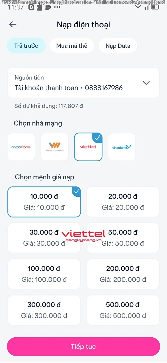 Cách nạp thẻ Viettel qua Cake Bank bước 2