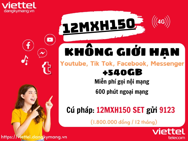 Gói cước 4G Viettel 12MXH150