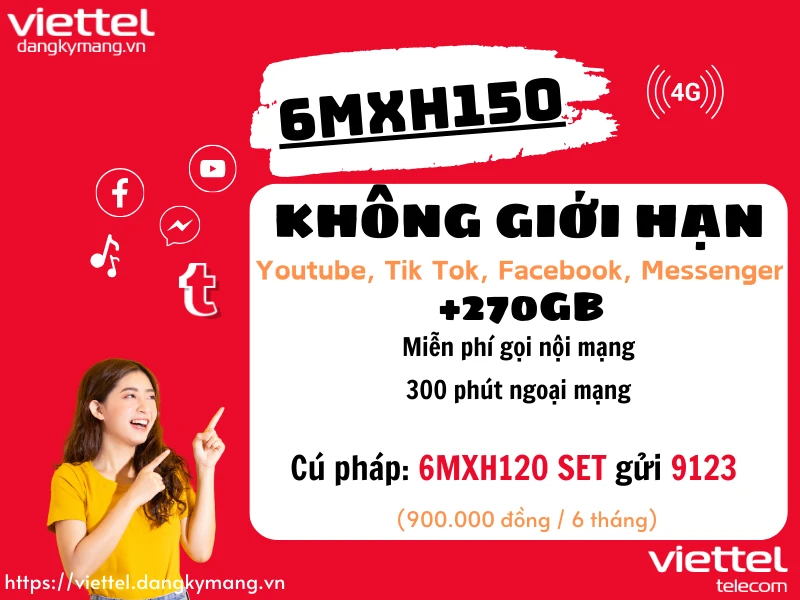 Gói cước 4G Viettel 6MXH150