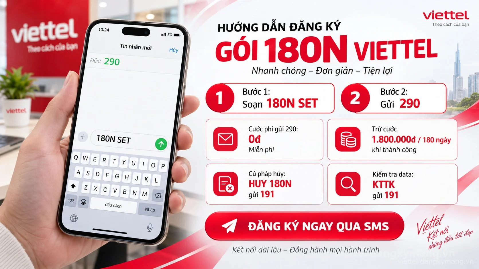 Cách đăng ký gói cước 180N Viettel soạn tin nhắn 180N SET gửi 290