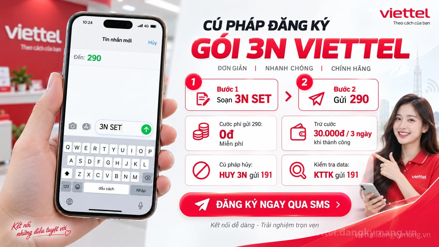 Cách đăng ký gói cước 3N Viettel soạn tin nhắn 3N SET gửi 290