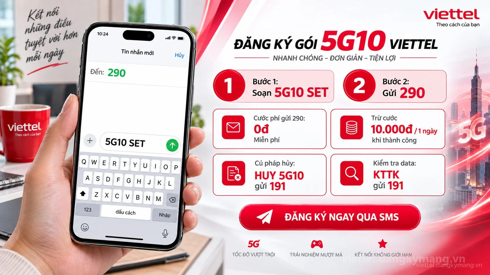 Cách đăng ký gói cước 5G10 Viettel soạn tin nhắn 5G10 SET gửi 290