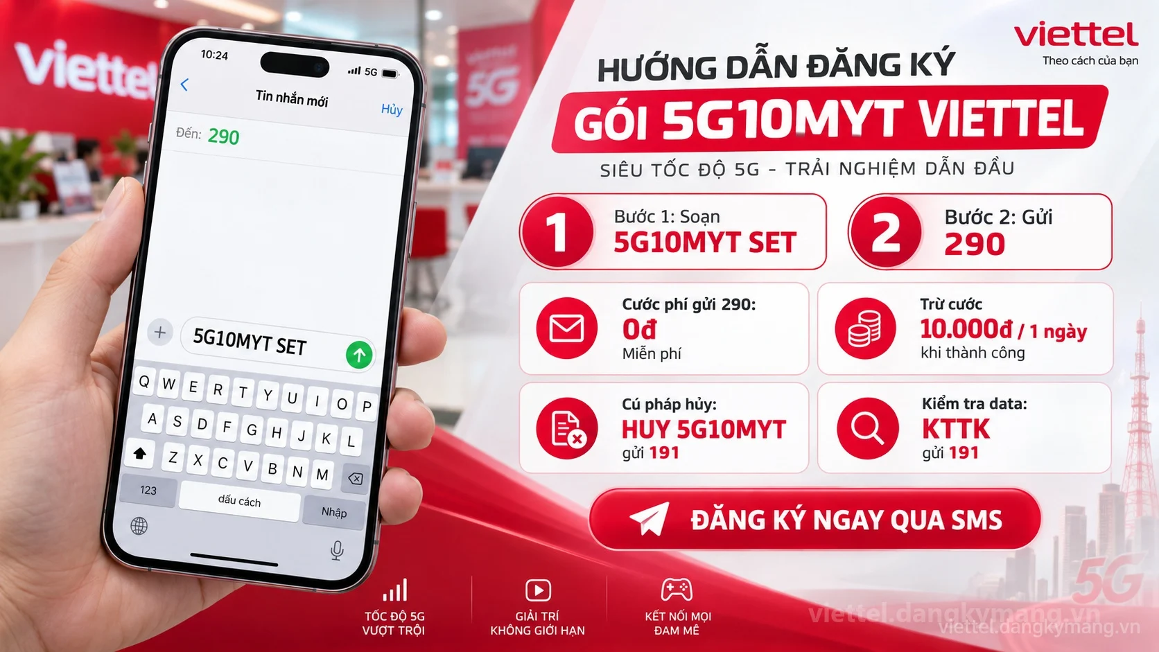 Cách đăng ký gói cước 5G10MYT Viettel soạn tin nhắn 5G10MYT SET gửi 290