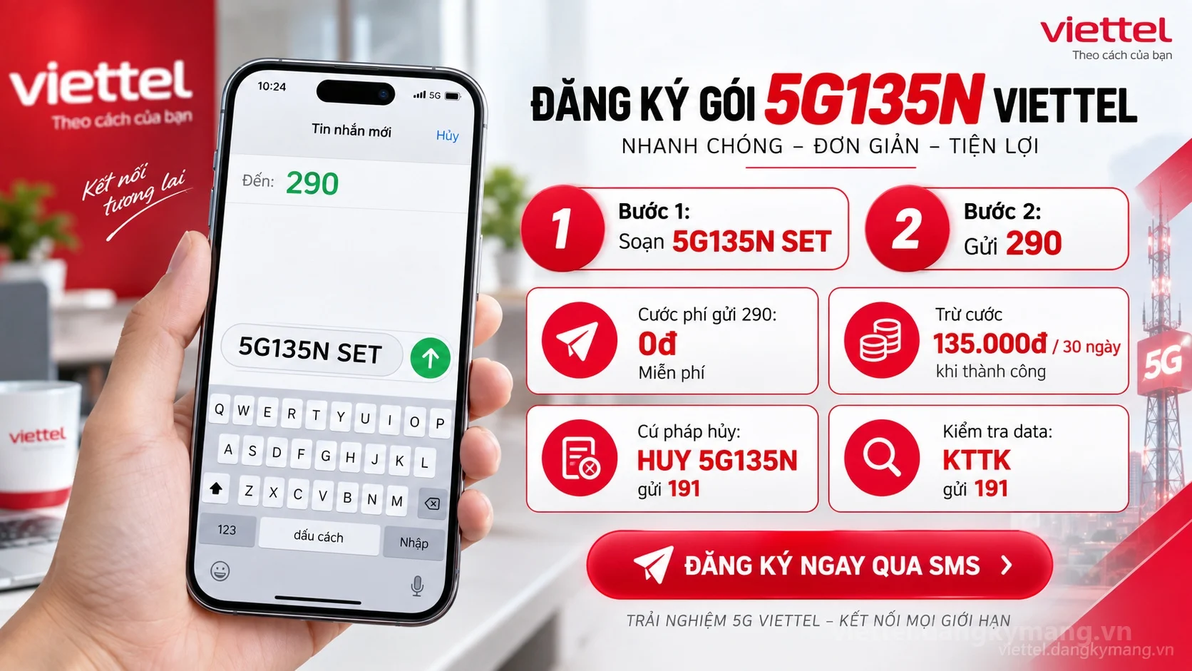 Cách đăng ký gói cước 5G135N Viettel soạn tin nhắn 5G135N SET gửi 290