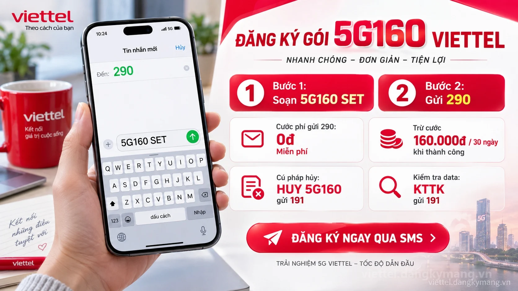 Cách đăng ký gói cước 5G160 Viettel soạn tin nhắn 5G160 SET gửi 290