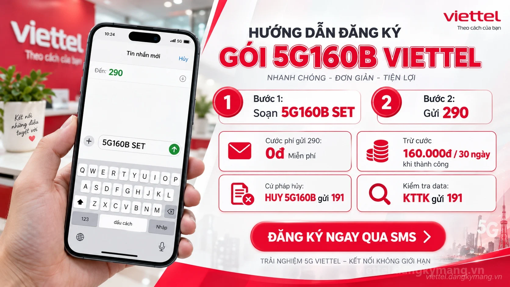 Cách đăng ký gói cước 5G160B Viettel soạn tin nhắn 5G160B SET gửi 290