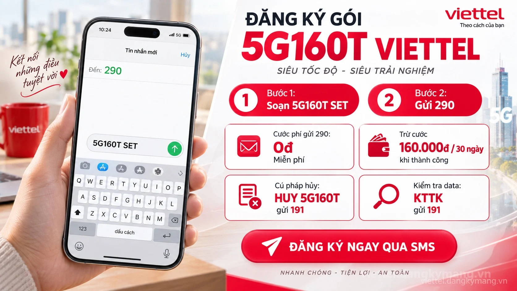 Cách đăng ký gói cước 5G160T Viettel soạn tin nhắn 5G160T SET gửi 290