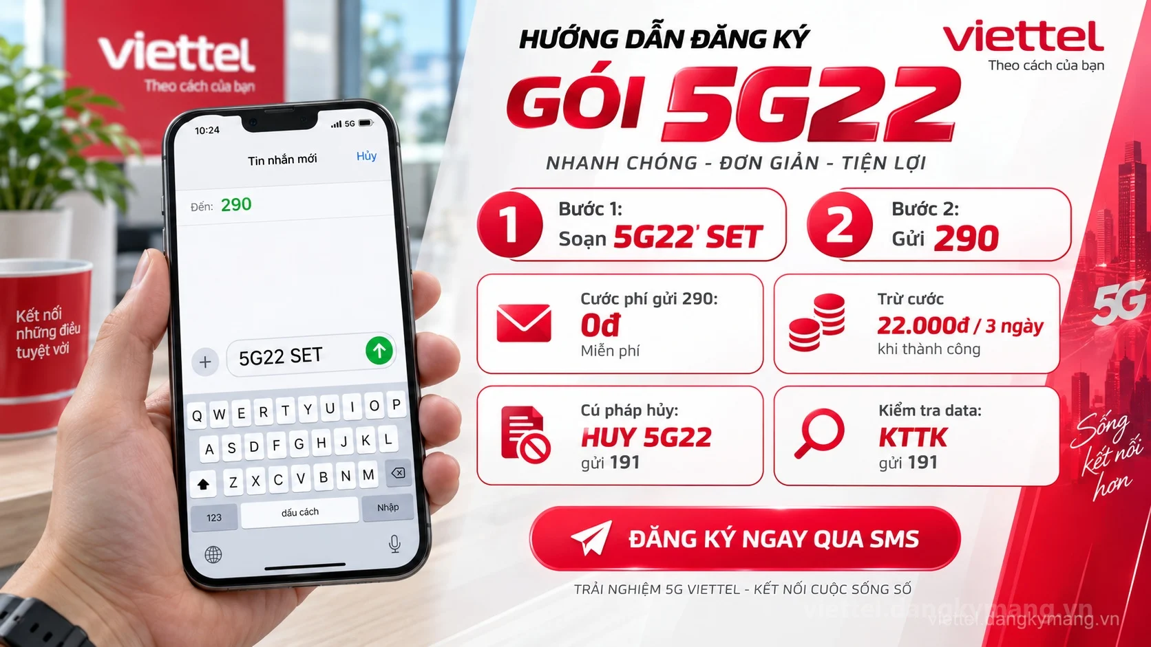 Cách đăng ký gói cước 5G22 Viettel soạn tin nhắn 5G22 SET gửi 290