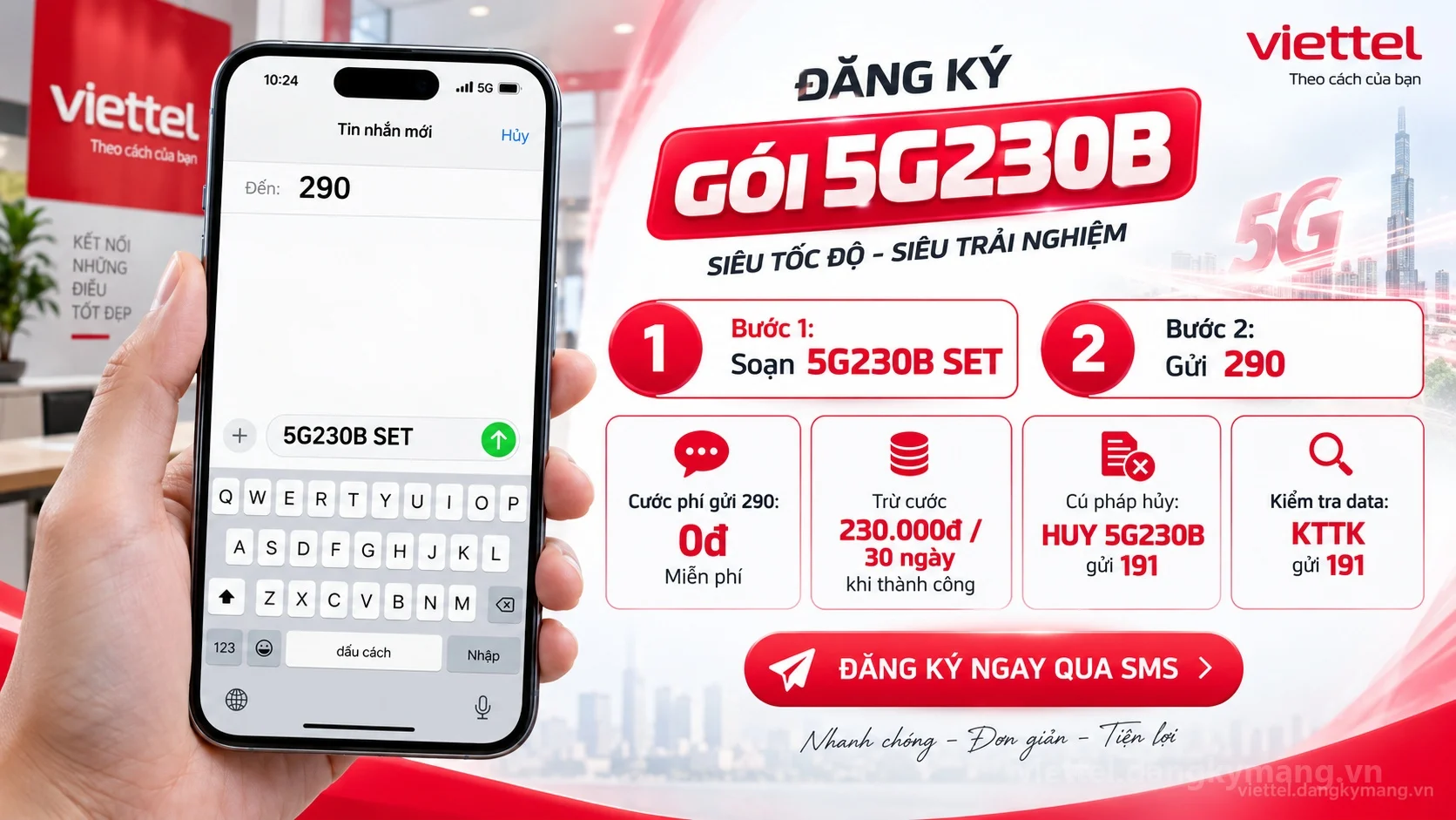Cách đăng ký gói cước 5G230B Viettel soạn tin nhắn 5G230B SET gửi 290