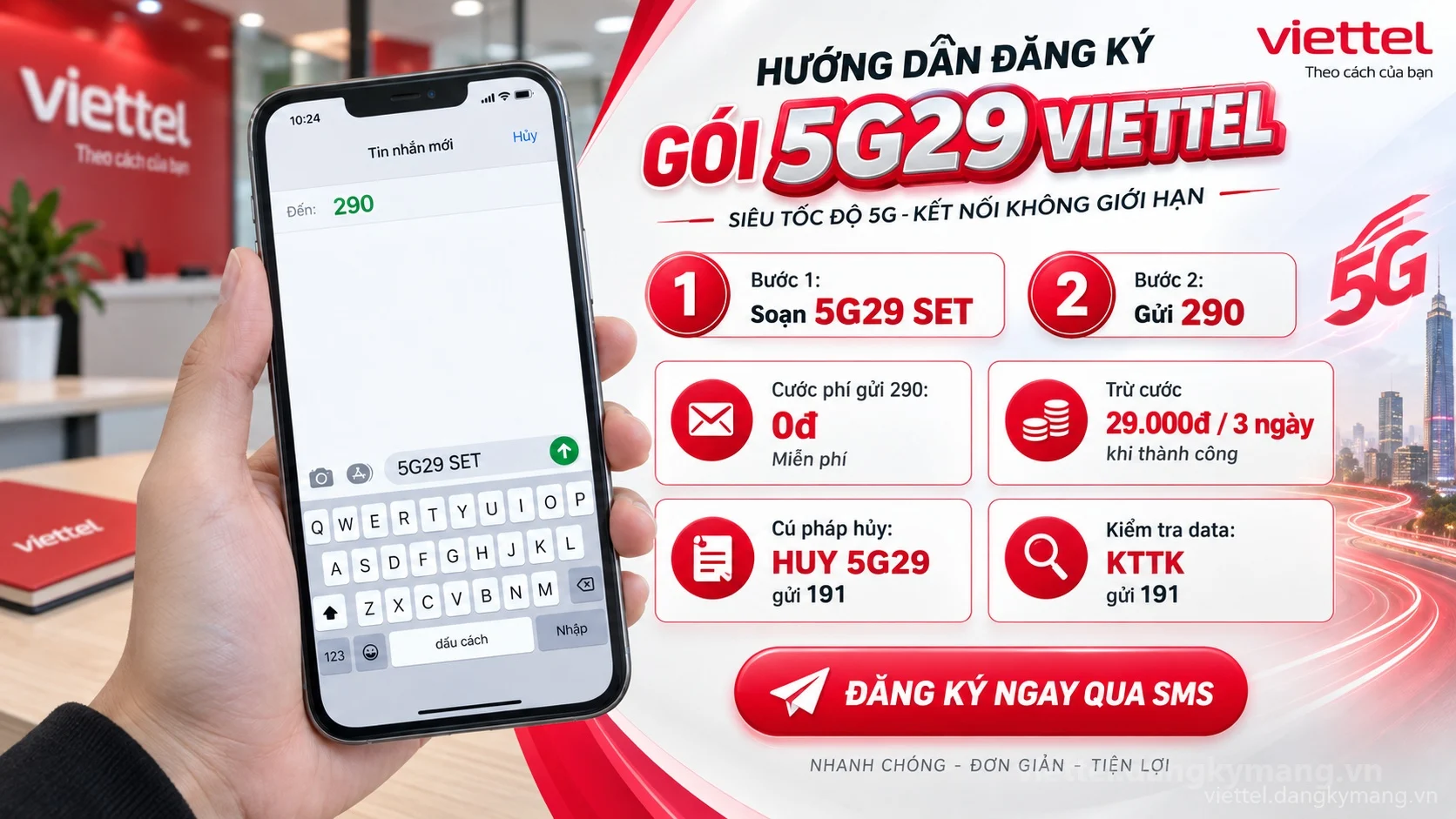 Cách đăng ký gói cước 5G29 Viettel soạn tin nhắn 5G29 SET gửi 290