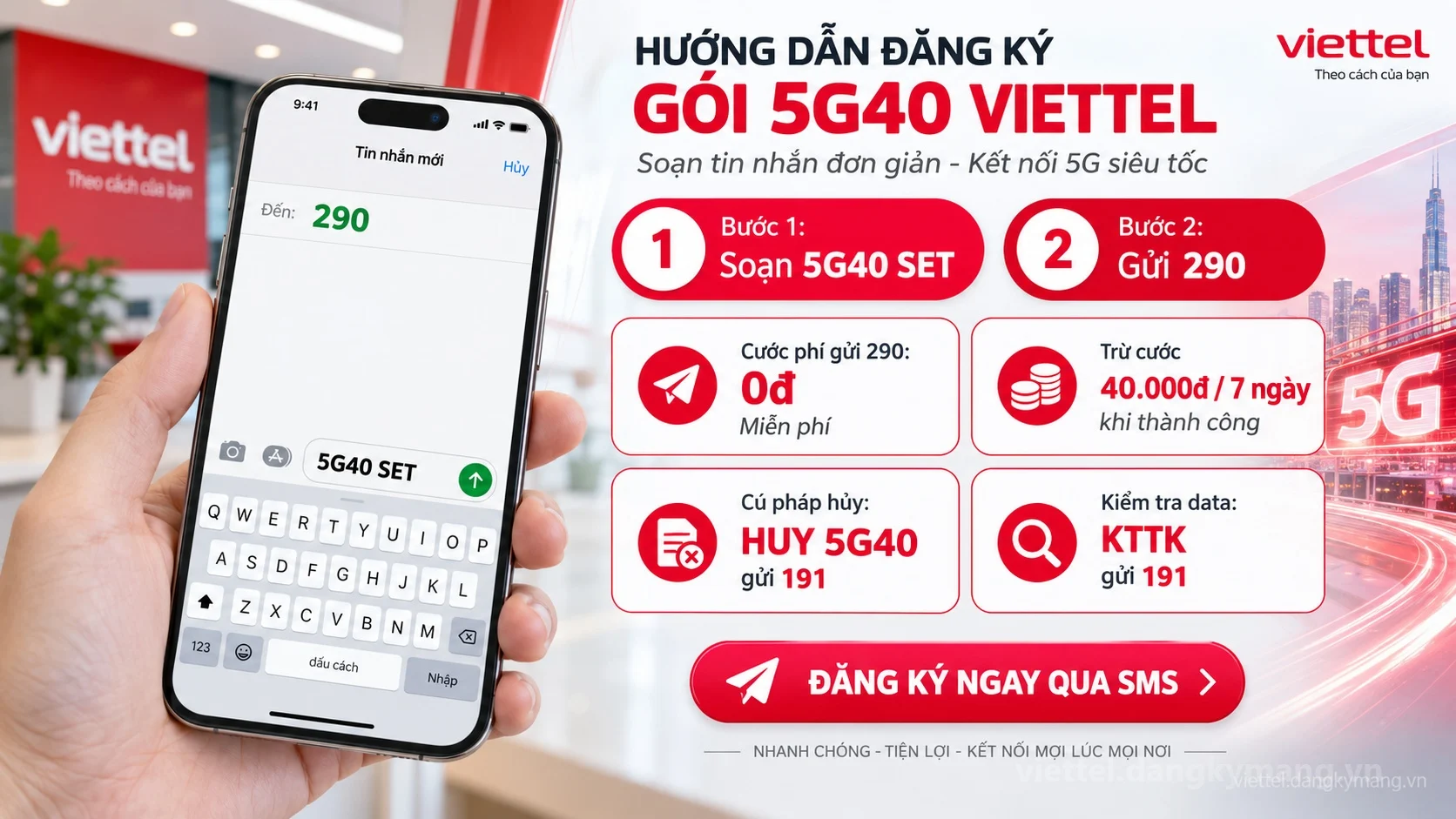 Cách đăng ký gói cước 5G40 Viettel soạn tin nhắn 5G40 SET gửi 290