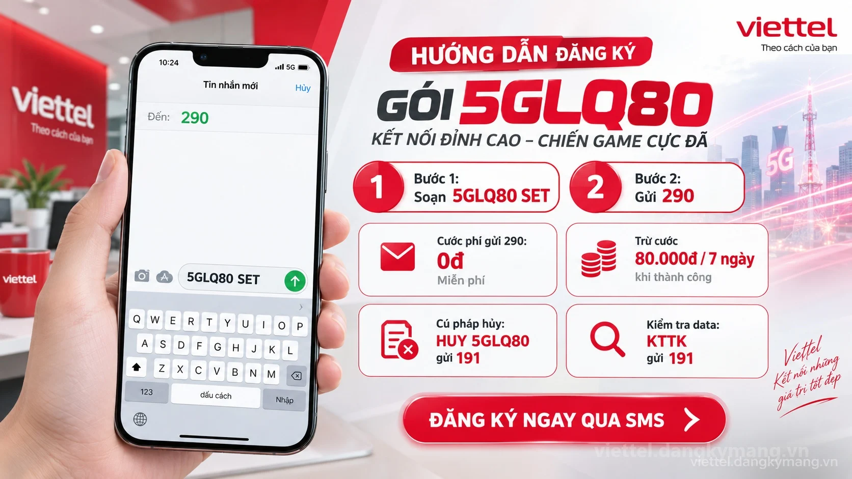 Cách đăng ký gói cước 5GLQ80 Viettel soạn tin nhắn 5GLQ80 SET gửi 290