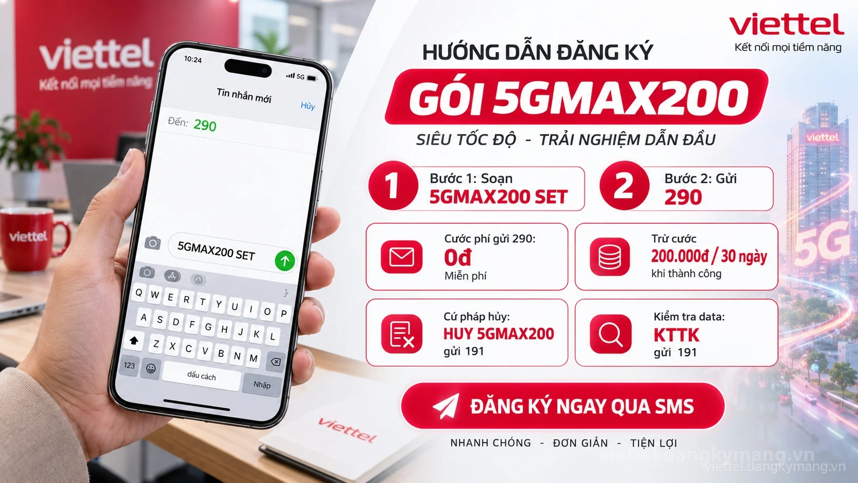 Cách đăng ký gói cước 5GMAX200 Viettel soạn tin nhắn 5GMAX200 SET gửi 290