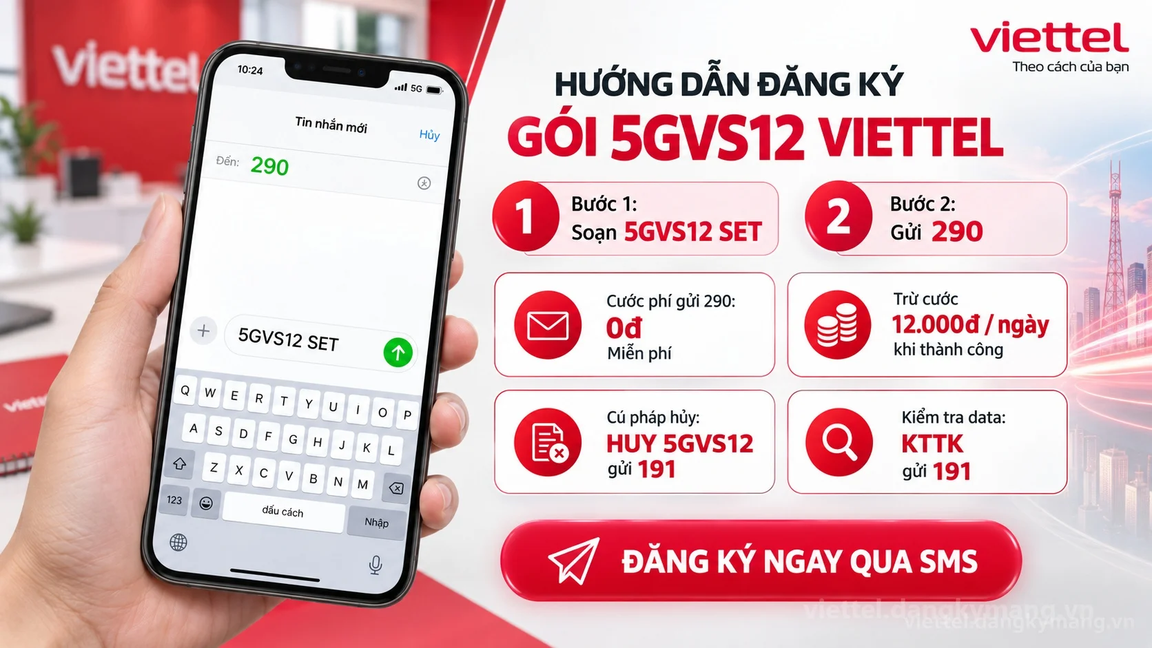 Cách đăng ký gói cước 5GVS12 Viettel soạn tin nhắn 5GVS12 SET gửi 290