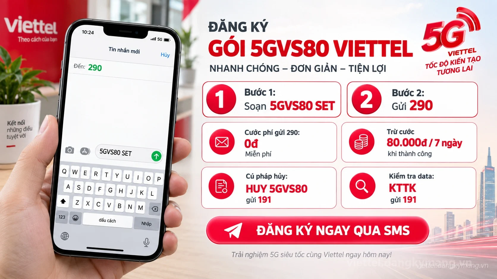 Cách đăng ký gói cước 5GVS80 Viettel soạn tin nhắn 5GVS80 SET gửi 290