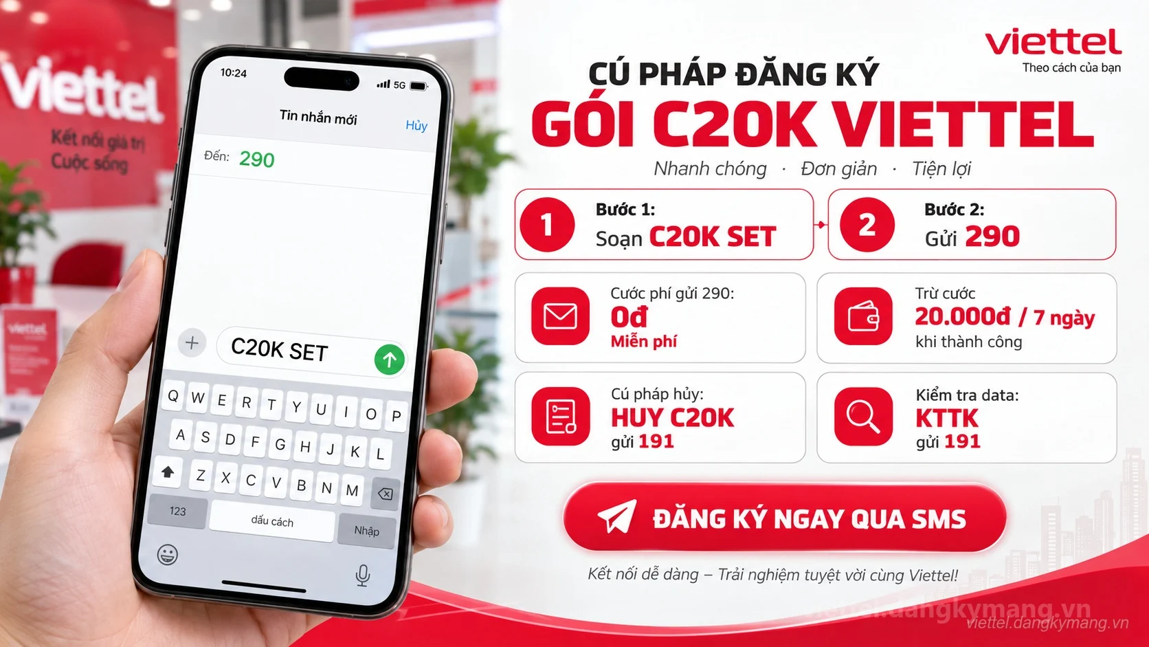 Cách đăng ký gói cước C20K Viettel soạn tin nhắn C20K SET gửi 290