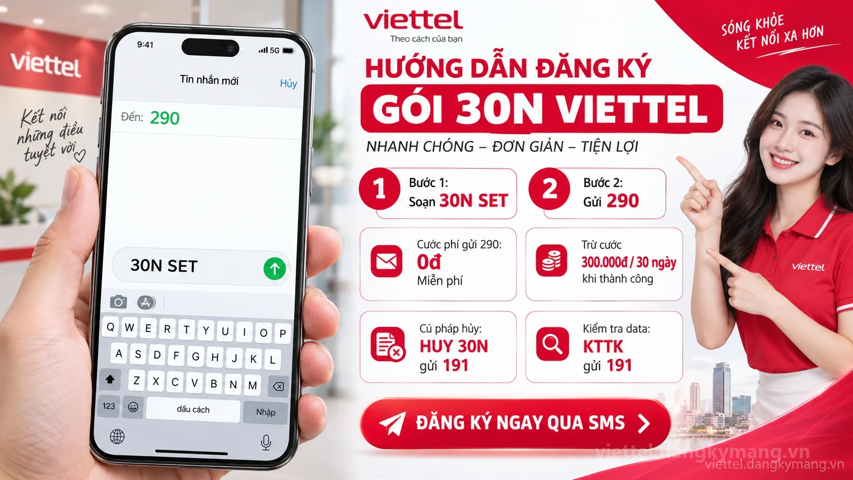 Cách đăng ký gói cước 30N Viettel soạn tin nhắn 30N SET gửi 290