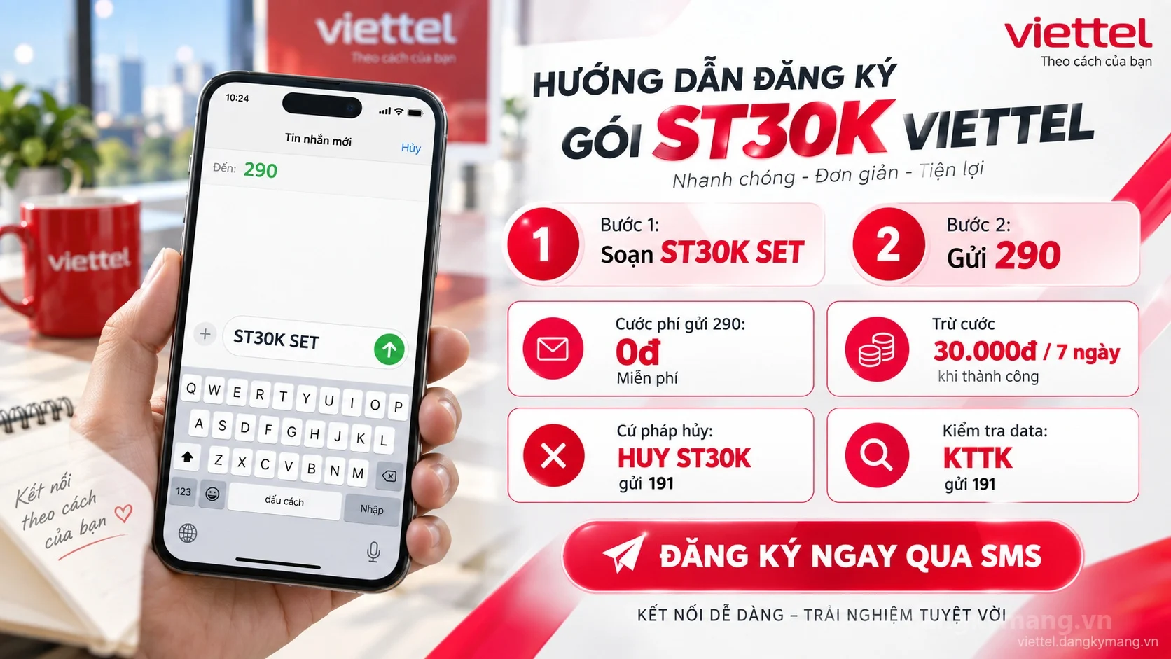 Cách đăng ký gói cước ST30K Viettel soạn tin nhắn ST30K SET gửi 290