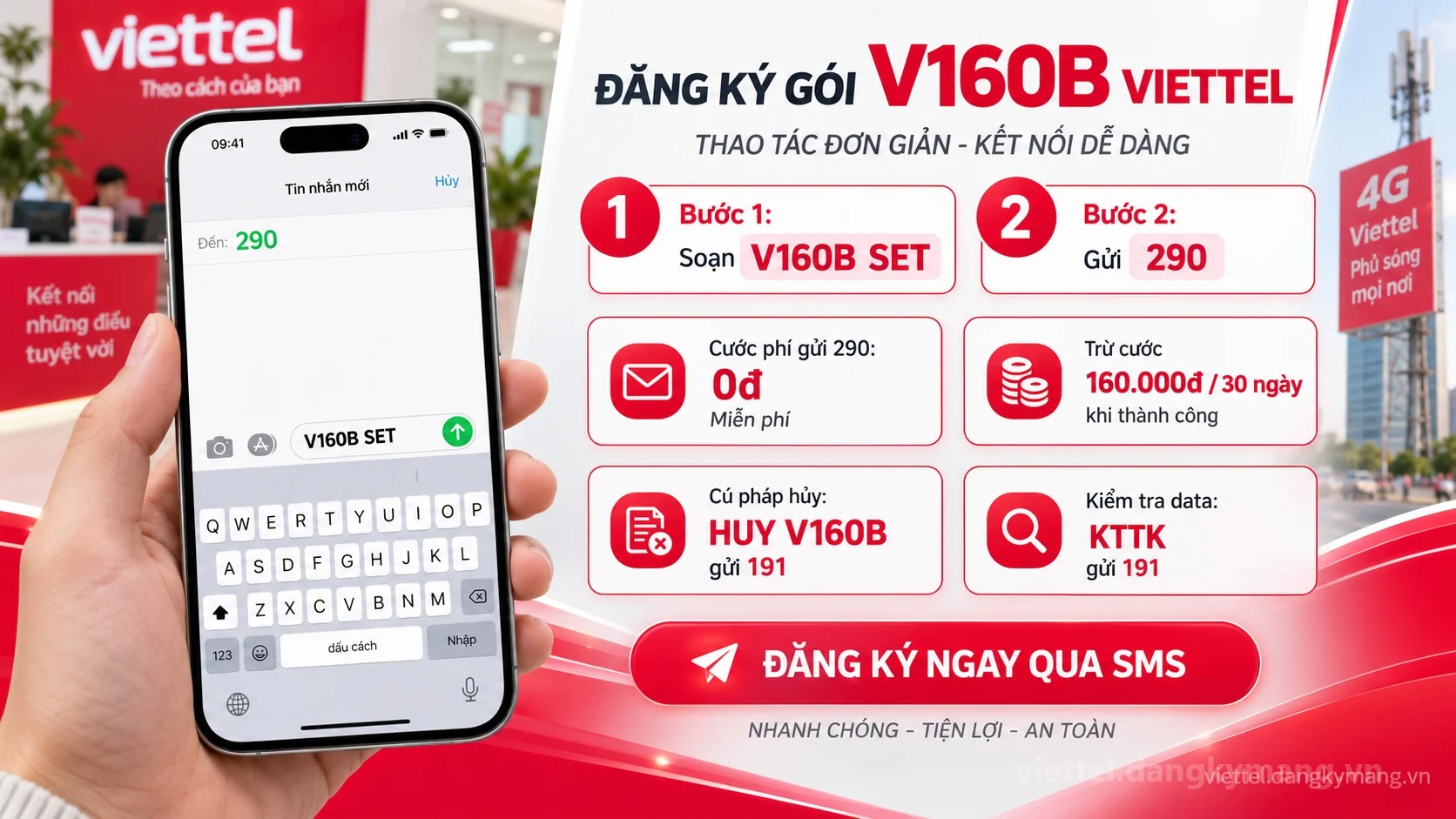 Cách đăng ký gói cước V160B Viettel soạn tin nhắn V160B SET gửi 290