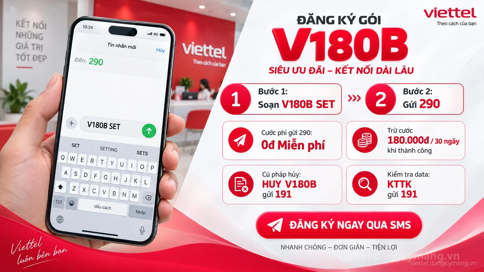 Cách đăng ký gói cước V180B Viettel soạn tin nhắn V180B SET gửi 290