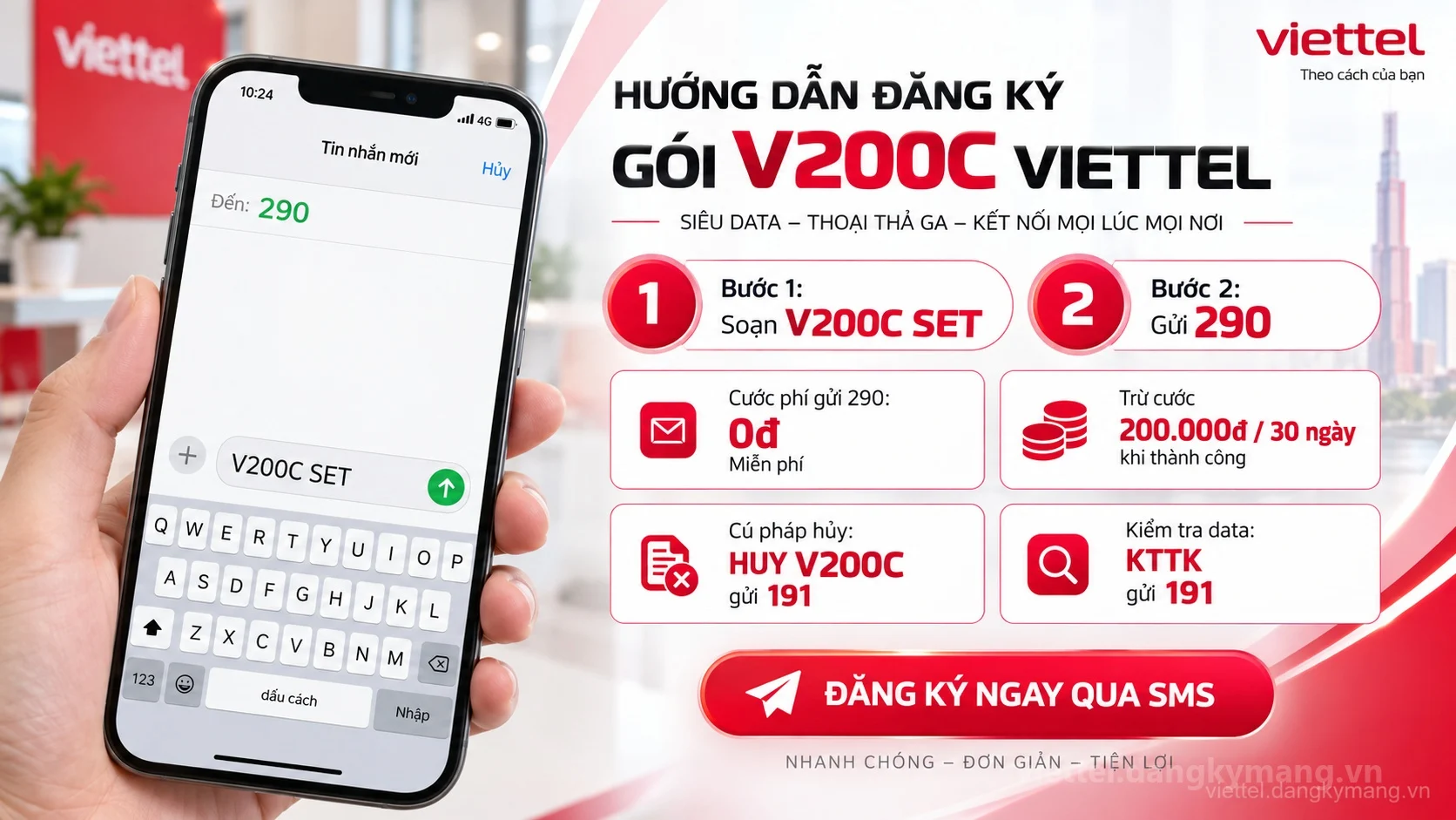 Cách đăng ký gói cước V200C Viettel soạn tin nhắn V200C SET gửi 290
