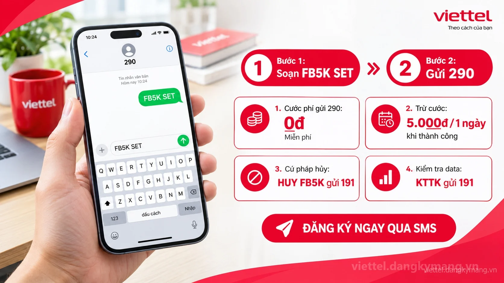 Cách đăng ký gói cước FB5K Viettel soạn tin nhắn FB5K SET gửi 290