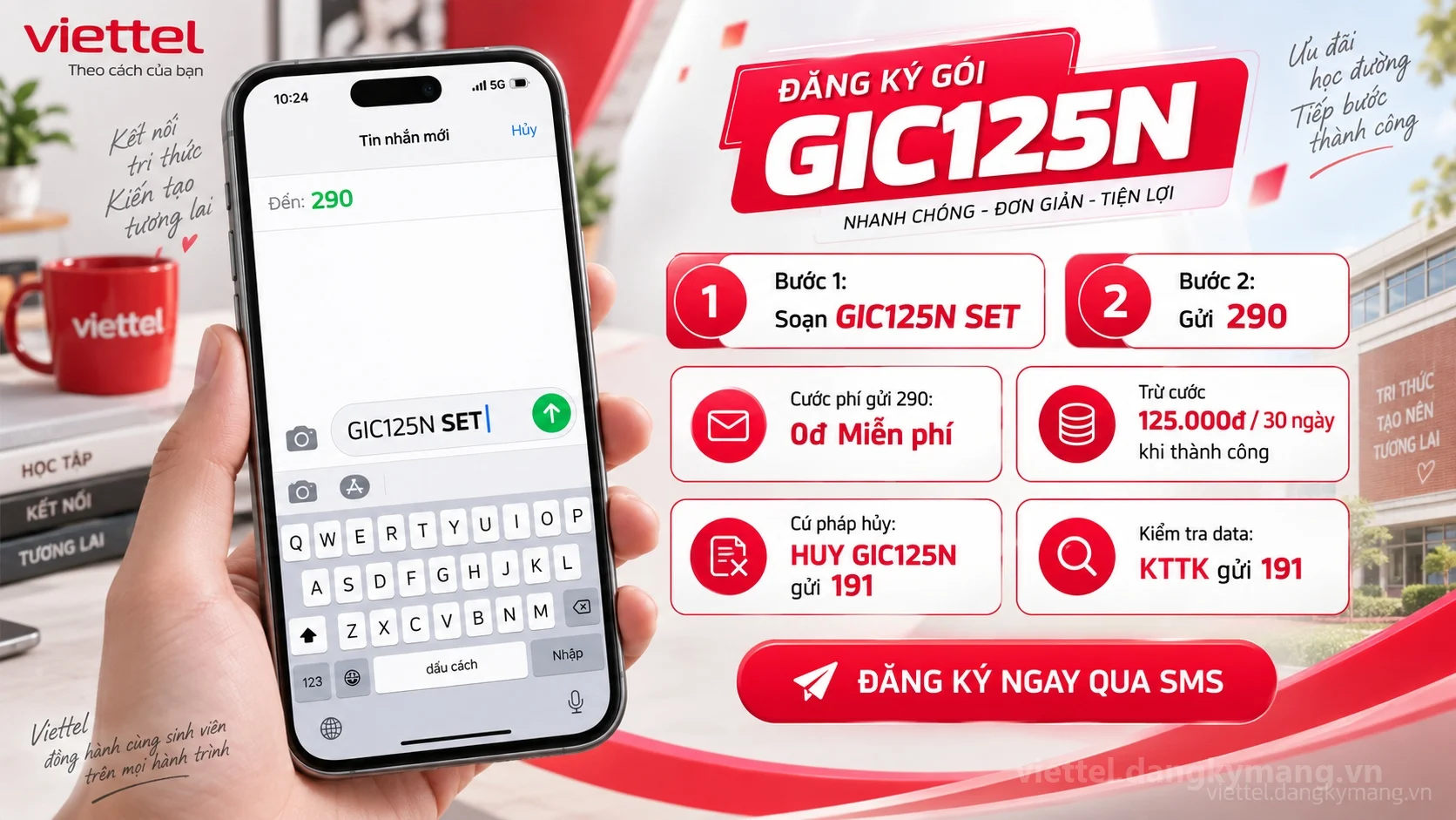 Cách đăng ký gói cước GIC125N Viettel soạn tin nhắn GIC125N SET gửi 290