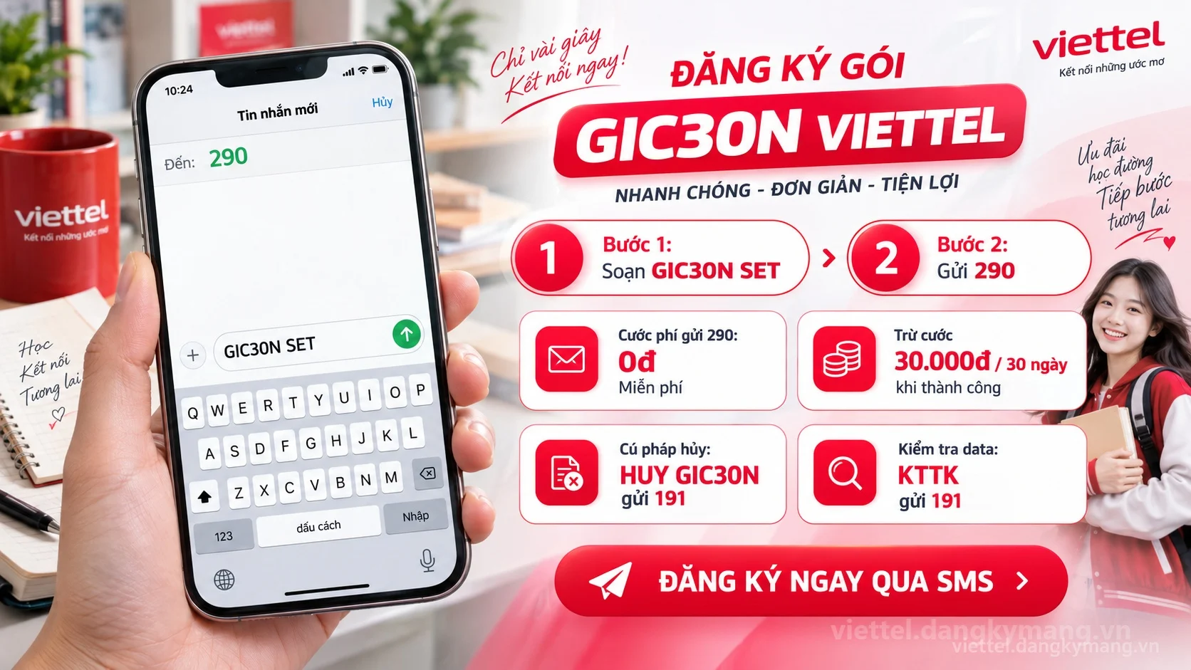 Cách đăng ký gói cước GIC30N Viettel soạn tin nhắn GIC30N SET gửi 290