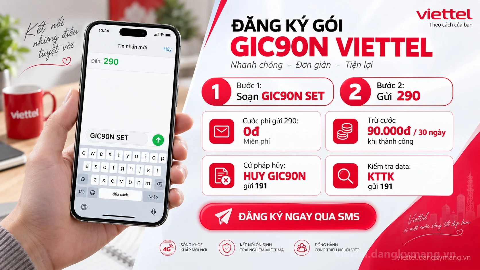 Cách đăng ký gói cước GIC90N Viettel soạn tin nhắn GIC90N SET gửi 290