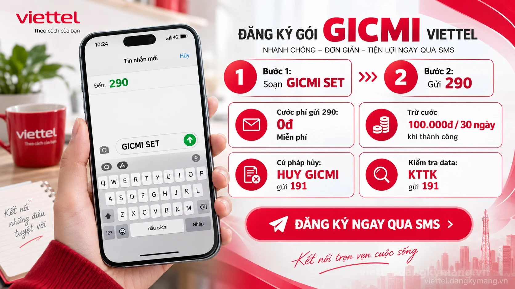Cách đăng ký gói cước GICMI Viettel soạn tin nhắn GICMI SET gửi 290