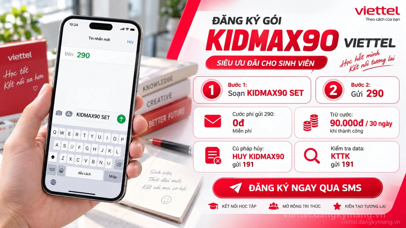 Cách đăng ký gói cước KIDMAX90 Viettel soạn tin nhắn KIDMAX90 SET gửi 290