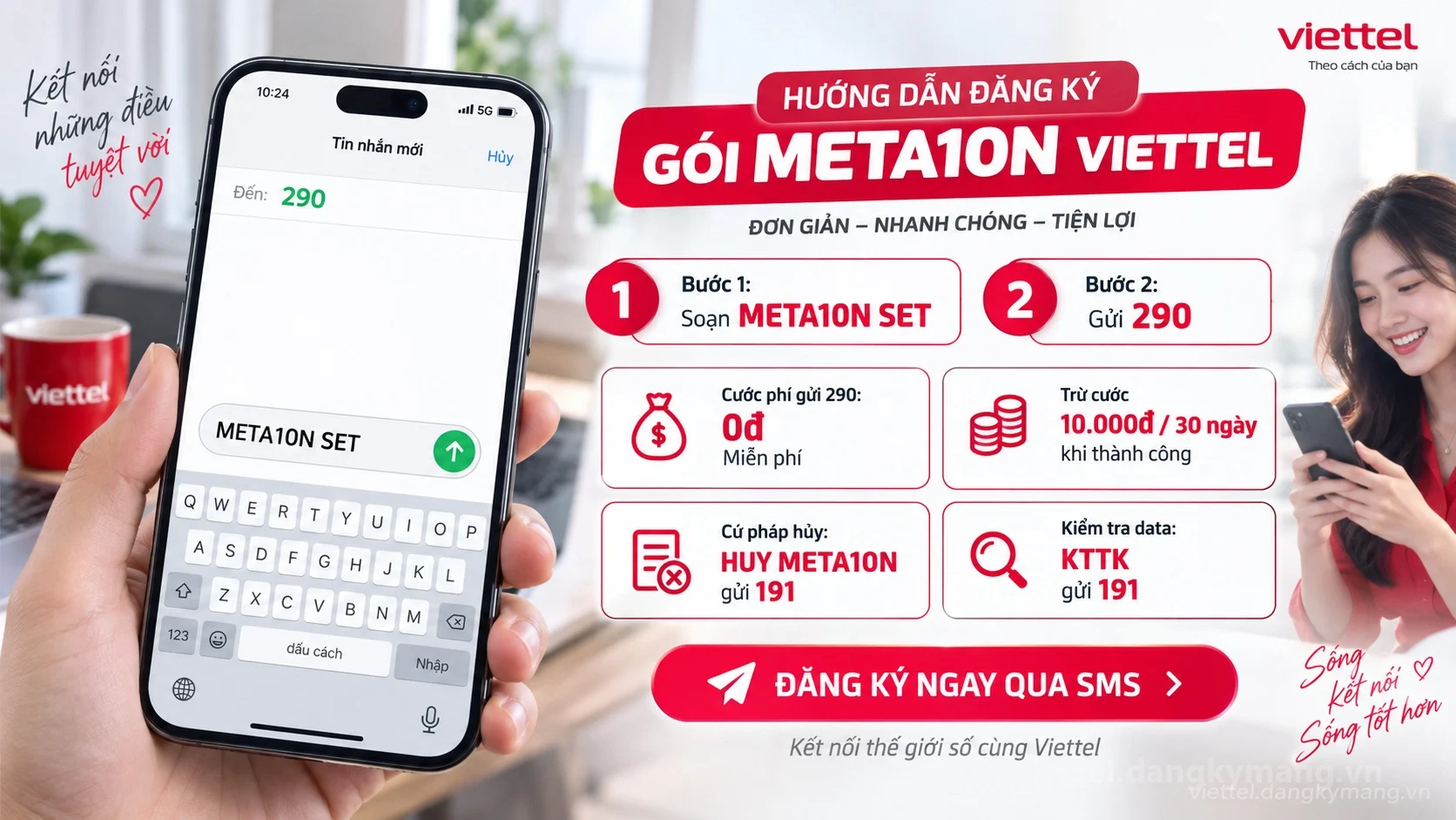 Cách đăng ký gói cước META10N Viettel soạn tin nhắn META10N SET gửi 290