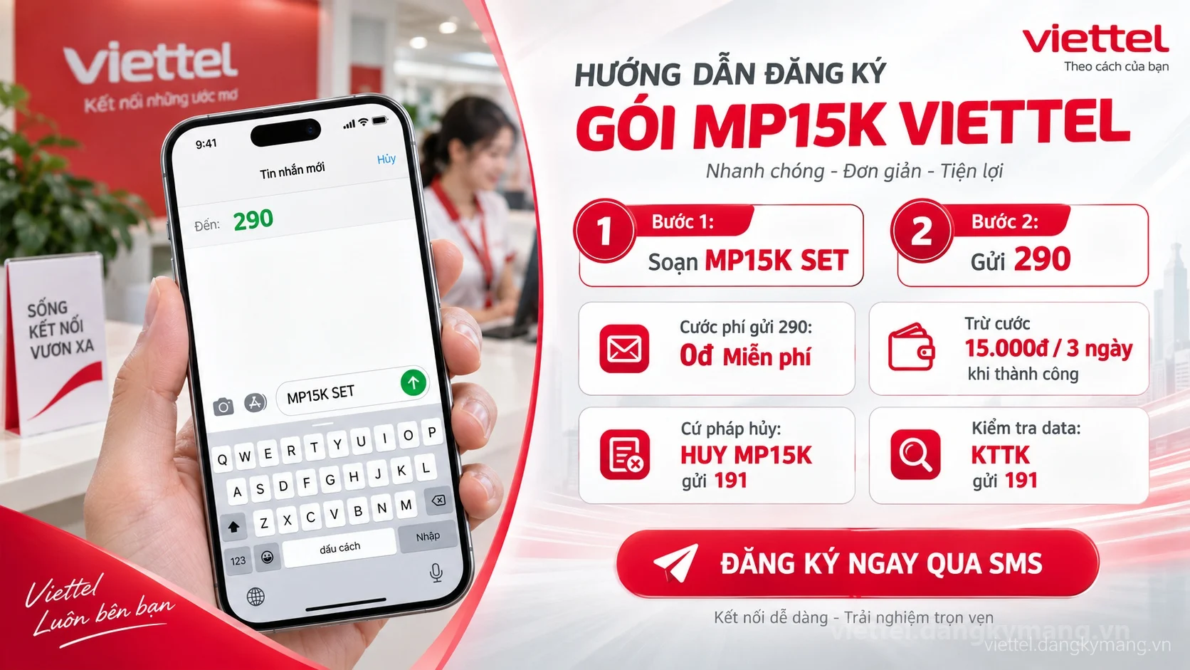 Cách đăng ký gói cước MP15K Viettel soạn tin nhắn MP15K SET gửi 290