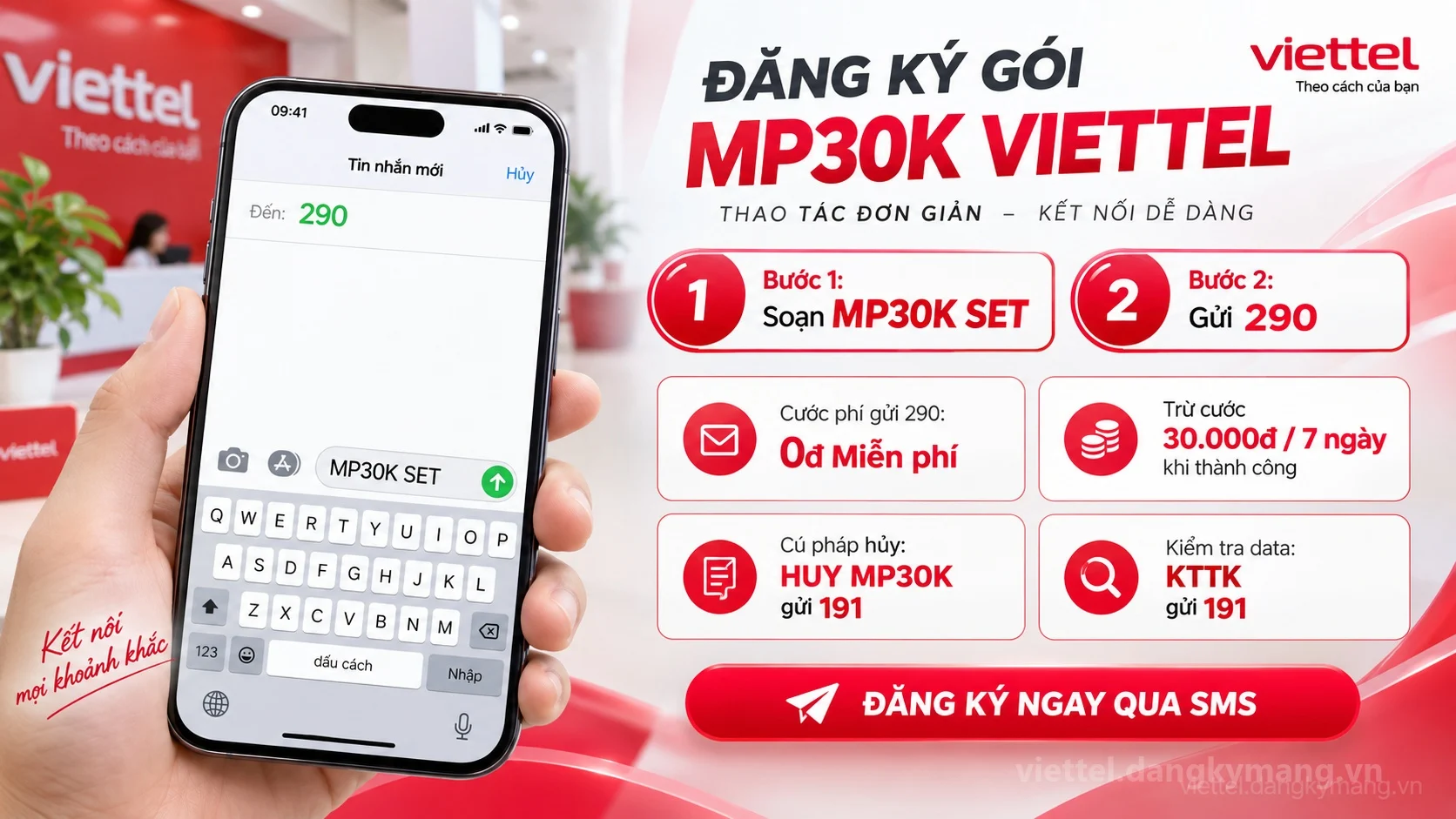 Cách đăng ký gói cước MP30K Viettel soạn tin nhắn MP30K SET gửi 290