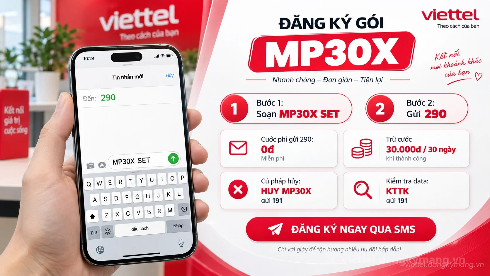 Cách đăng ký gói cước MP30X Viettel soạn tin nhắn MP30X SET gửi 290