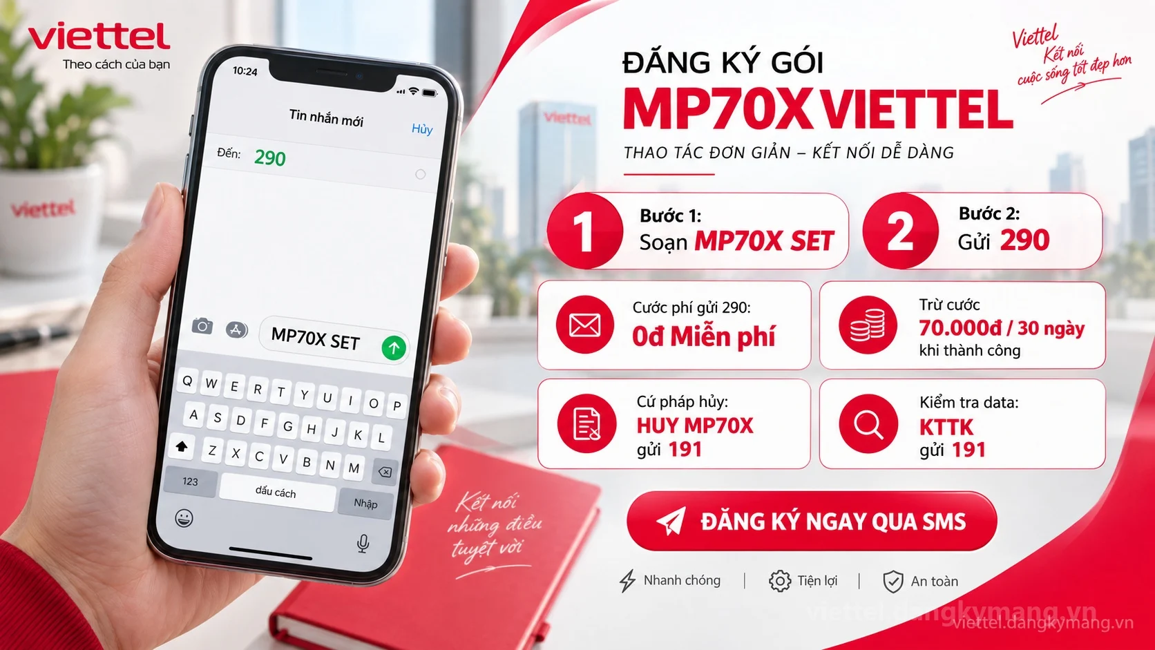 Cách đăng ký gói cước MP70X Viettel soạn tin nhắn MP70X SET gửi 290