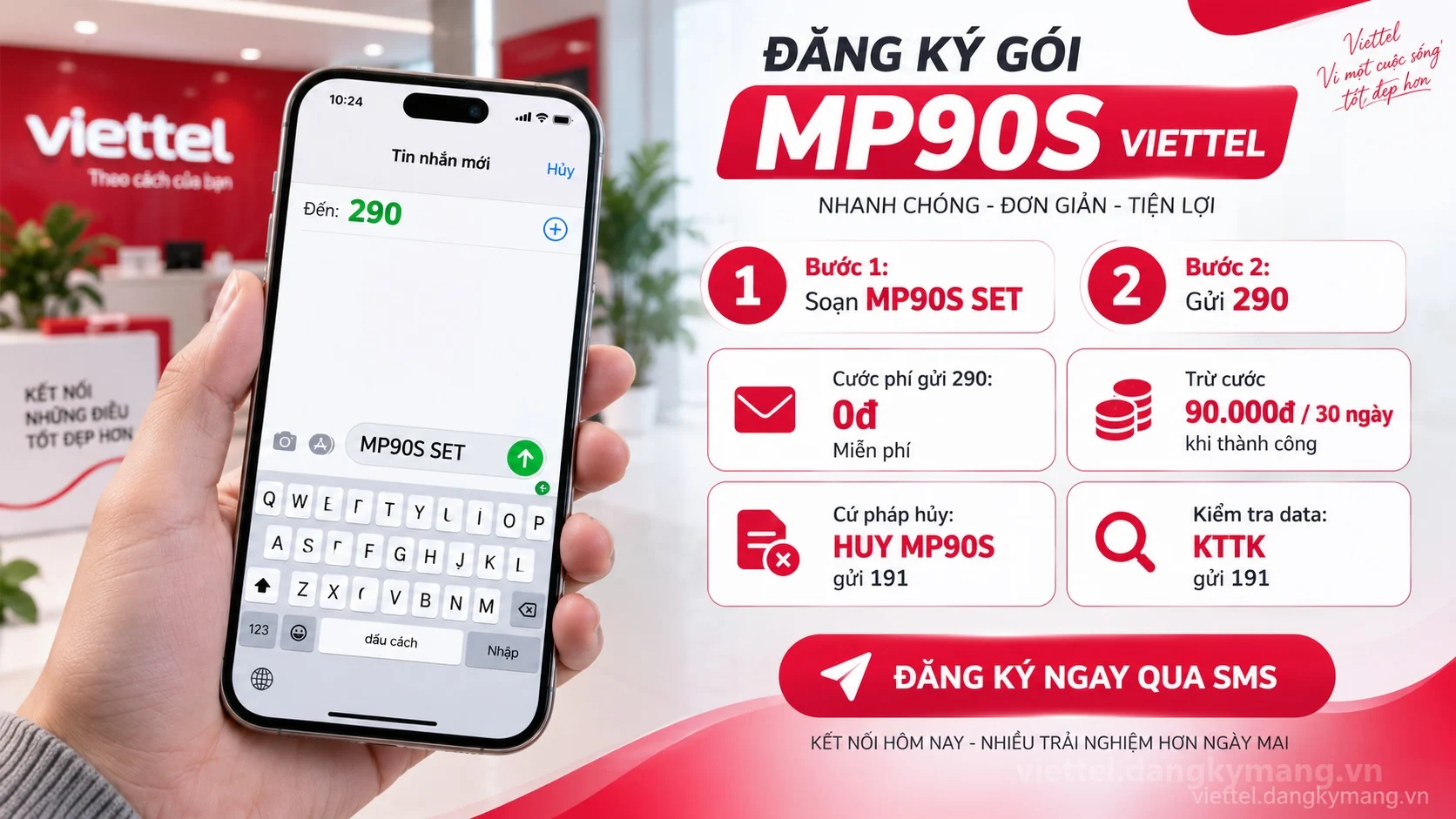 Cách đăng ký gói cước MP90S Viettel soạn tin nhắn MP90S SET gửi 290