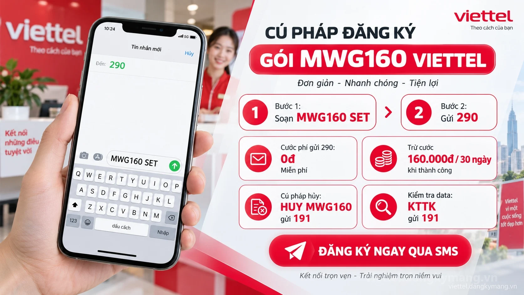 Cách đăng ký gói cước MWG160 Viettel soạn tin nhắn MWG160 SET gửi 290