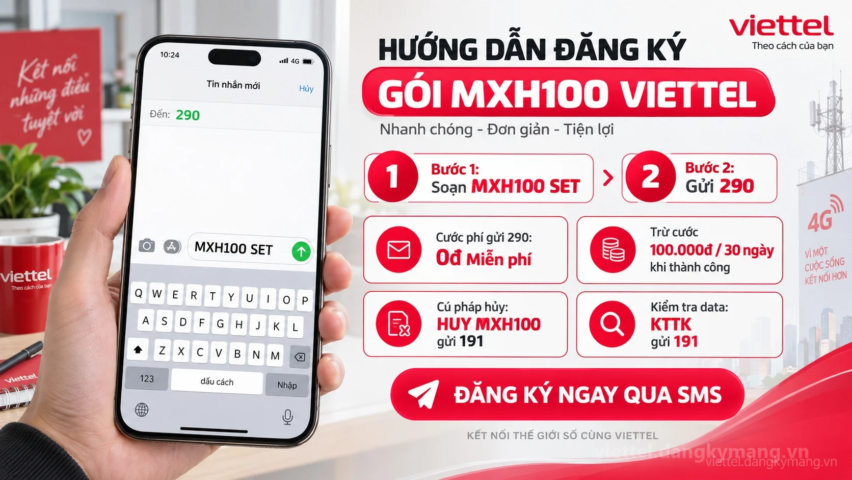 Cách đăng ký gói cước MXH100 Viettel soạn tin nhắn MXH100 SET gửi 290