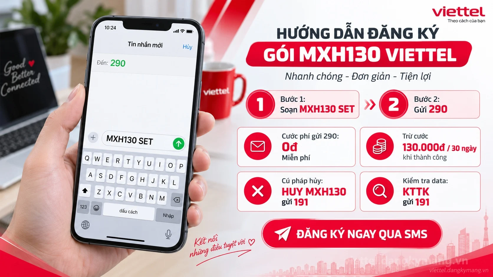 Cách đăng ký gói cước MXH130 Viettel soạn tin nhắn MXH130 SET gửi 290