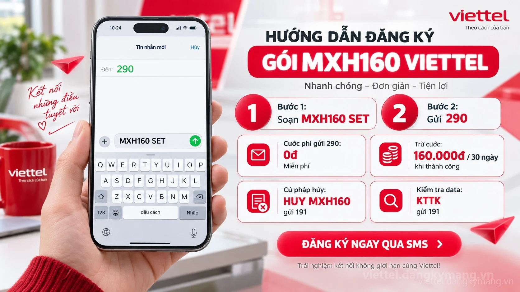 Cách đăng ký gói cước MXH160 Viettel soạn tin nhắn MXH160 SET gửi 290