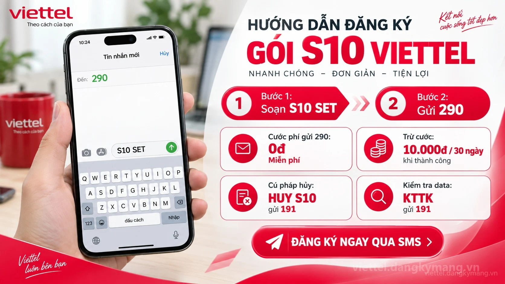 Cách đăng ký gói cước S10 Viettel soạn tin nhắn S10 SET gửi 290