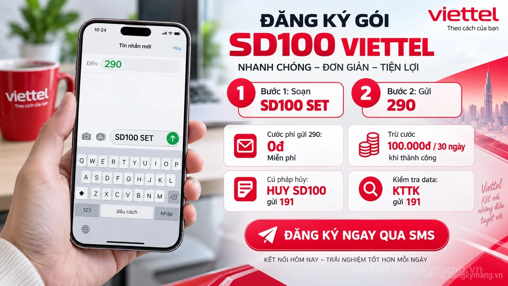 Cú pháp đăng ký gói Gói SD100 Viettel — 2GB mỗi ngày, 60GB cho cả trả trước và trả sau soạn SET gửi 290
