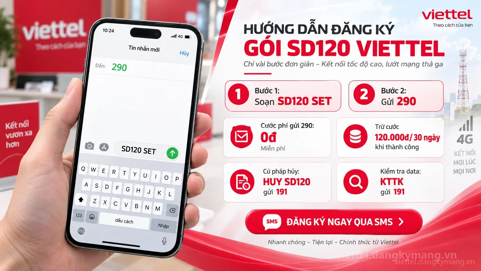 Cách đăng ký gói cước SD120 Viettel soạn tin nhắn SD120 SET gửi 290