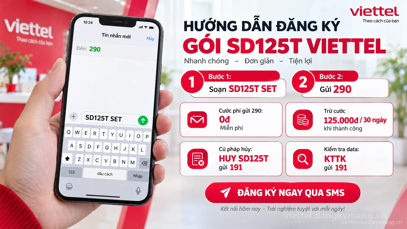 Cách đăng ký gói cước SD125T Viettel soạn tin nhắn SD125T SET gửi 290