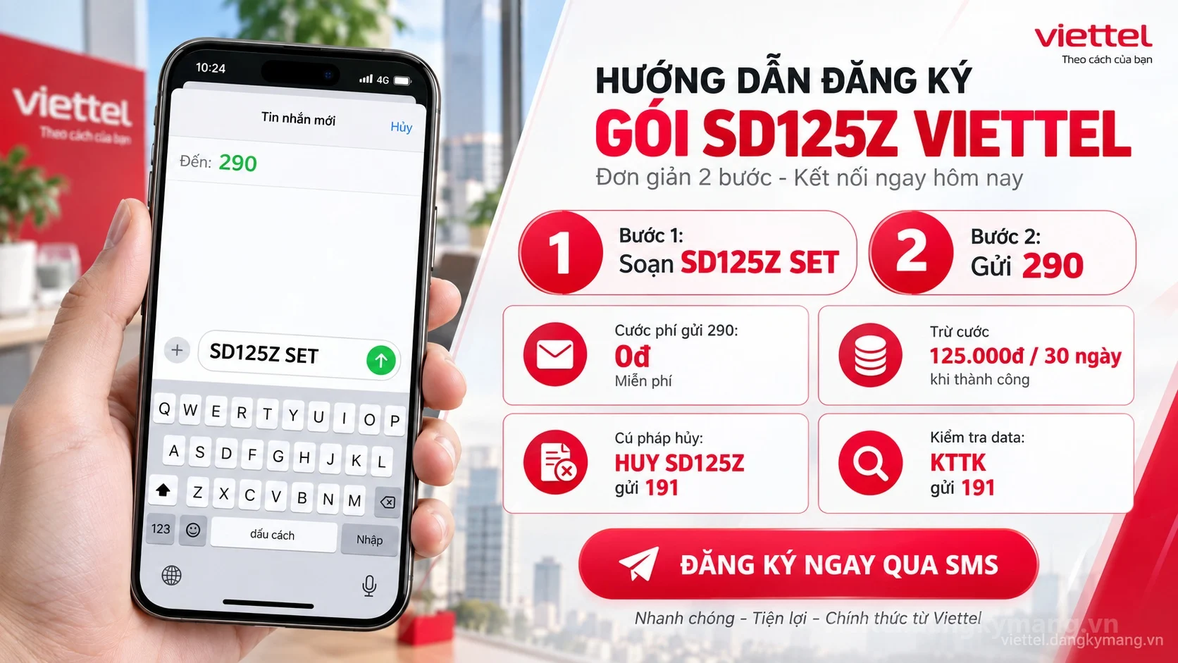 Cách đăng ký gói cước SD125Z Viettel soạn tin nhắn SD125Z SET gửi 290