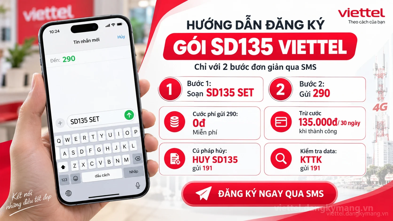 Cách đăng ký gói cước SD135 Viettel soạn tin nhắn SD135 SET gửi 290